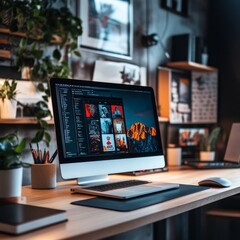 Fototapete - Modern home office with stylish desktop computer and creative workspace