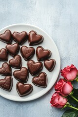 Poster - A plate of heart-shaped chocolates beside pink roses.