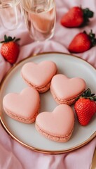 Poster - A plate of heart-shaped pink macarons with fresh strawberries.