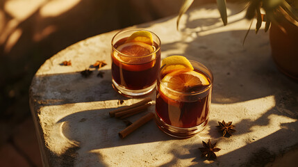 This image features two refreshing drinks with lemon and orange slices, surrounded by spices, under warm lighting.