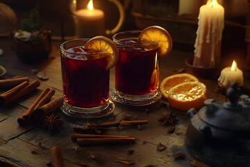 A cozy scene featuring two glasses of drinks garnished with orange slices, surrounded by candles and spices.