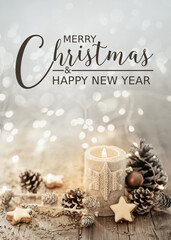 Wall Mural - christmas and happy new year greeting card - white christmas candle on rustic wooden boards - decora