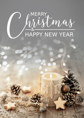 Wall Mural - christmas and happy new year greeting card - white christmas candle on rustic wooden boards - decora