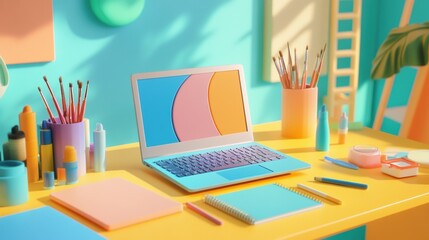 Poster - A vibrant desktop setup features a laptop, sketchbooks, and various art supplies arranged in a well-lit, cheerful environment. Generative AI