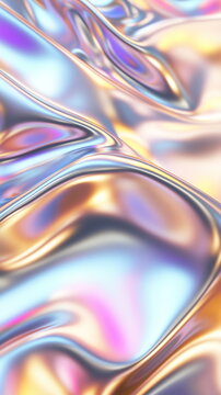 Vibrant holographic waves. Shimmering surface in gold and silver. Fluid movement with colorful reflections. Abstract and dynamic. Vertical texture poster header banner cover design template
