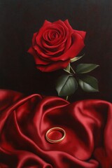 Canvas Print - A red rose atop a silky red fabric with a golden ring beside it.