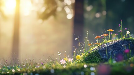 Poster - a cluster of blooms sprouting from a boulder amidst lush green grass, bathed in radiant sunbeams fil