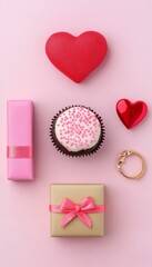 Poster - A romantic arrangement featuring a cupcake, gifts, and heart-shaped decor.