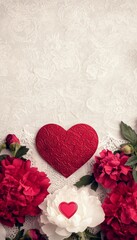 Sticker - A romantic arrangement featuring a red heart and flowers on a textured background.