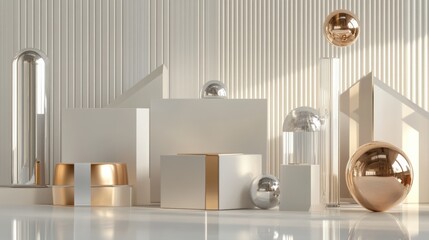Aufkleber - A collection of clear geometric shapes designed as gift boxes sits alongside shiny spheres, creating an elegant display in a bright indoor area. Generative AI