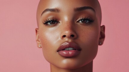 Close-up of a beautiful light-skinned African woman with a bald head, wearing glossy makeup, fluffy lashes, and full lips, against a light pink solid background. 