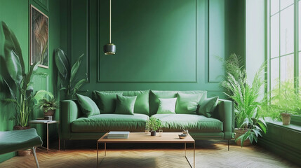 Wall Mural - Green Living Room Interior Design with Sofa  Plants  and Window