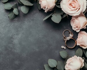 Wall Mural - A romantic arrangement of roses and wedding rings on a textured surface.