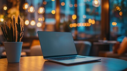 Poster - A laptop rests on a wooden table in a cozy cafe, illuminated by warm lights and accompanied by a small potted plant, creating a welcoming ambiance. Generative AI