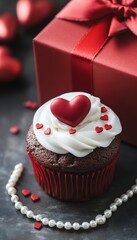 Poster - A romantic cupcake topped with a heart and surrounded by festive decor.