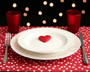 Wall Mural - A romantic dining setting with a heart-shaped candy on a plate.