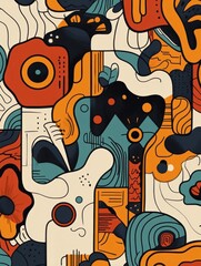 Fototapete - A vibrant doodle design showcases warm tones and retro patterns, reminiscent of the artistic styles of the 70s and 80s. Generative AI