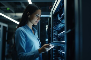 Female IT technician running diagnostics in a modern data center during daytime