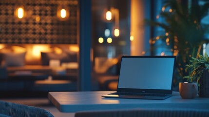Poster - A quiet café setting features a laptop resting on a table, surrounded by ambient lighting and a tranquil atmosphere in the evening. Generative AI