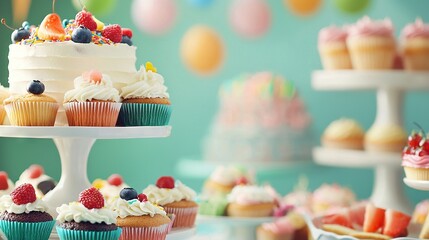   A table displaying an array of cupcakes adorned with frosting and decorated with berries on top of each cake