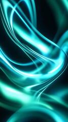 Neon wave patterns. Vibrant blue and green curves. Fluid light trails resembling water flow. Glossy surface reflections. Vertical texture poster header banner cover design template