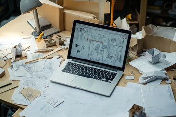 Fototapete - A laptop sits on a messy table filled with drawings, notes, and craft materials, indicative of an active design session. Generative AI
