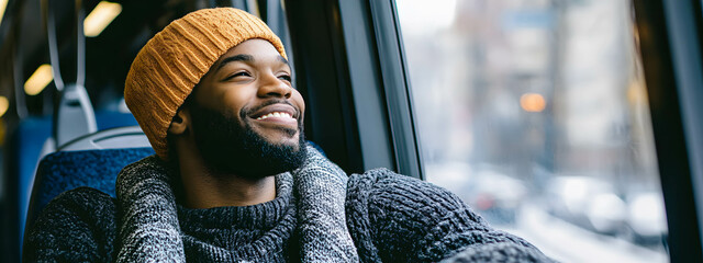 A man rides on a bus and looks out the window with a smile. The concept of travel in public transportation. .