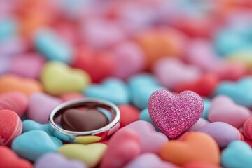 Poster - A romantic scene with a ring and heart-shaped candies.