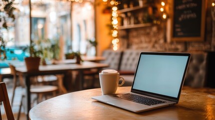 Poster - A laptop rests on a table next to a coffee cup, set in a warm and inviting café with soft lighting and rustic furnishings. Generative AI
