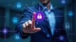 © Александр Бердюгин - A business professional engages a digital lock icon on a virtual touchscreen interface, symbolizing cybersecurity and data protection.