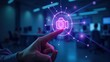 © Александр Бердюгин - A hand interacts with a futuristic holographic camera icon in a dimly lit office setting.