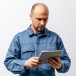 © Lui Shtein - Technician in blue uniform using tablet for work management