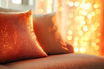 Wall Mural - pillow with orange glitter on it sits on a couch. the couch is covered in a tan fabric