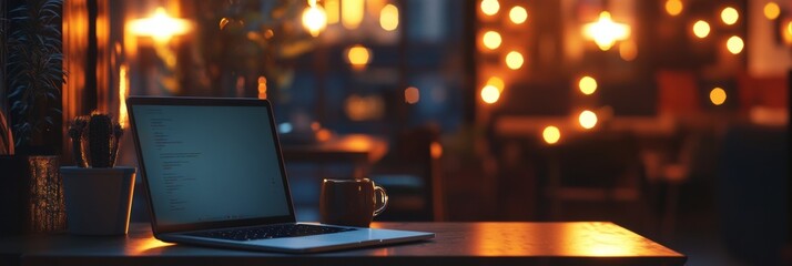 Poster - A laptop rests on a wooden table next to a steaming coffee cup, surrounded by soft, warm lighting in a tranquil café at night. Generative AI