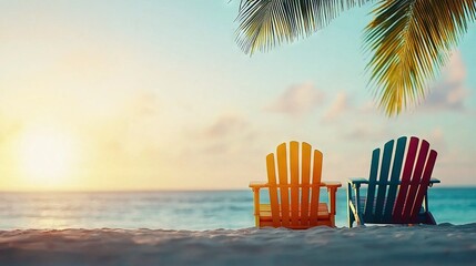   A few colorful chairs sit together on a sandy beach beside a palm tree