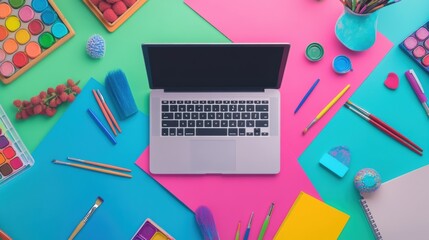 Poster - A laptop sits at the center among vivid art materials and stationery, creating an inspiring workspace for creative projects. Generative AI