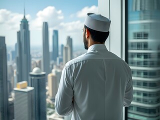 Back view of successful Muslim businessman in white Kandura looking out of modern office window over city skyscrapers. Arabic business man