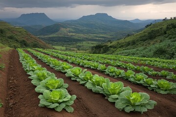 Canvas Print - A scenic view of lush cabbage fields with mountains in the background.