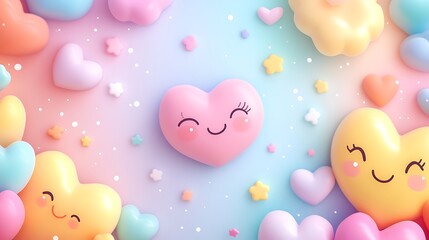 Wall Mural - Colorful kawaii smiling hearts pastel colors cute adorable scene background