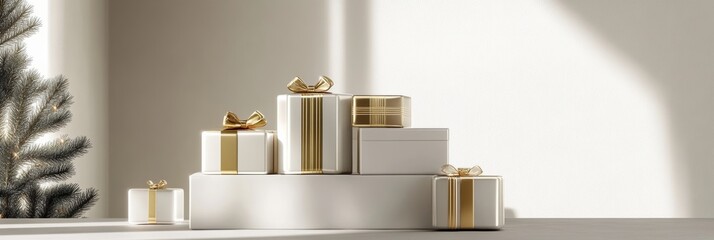 Aufkleber - A collection of stylish gift boxes in geometric shapes, adorned with golden ribbons, is beautifully arranged in a cozy, well-lit indoor environment. Generative AI