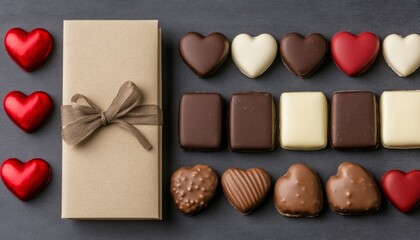 Poster - A selection of heart-shaped chocolates arranged with a gift box.