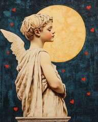 Canvas Print - A serene angelic figure against a golden moon and red hearts.