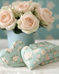 Wall Mural - A serene arrangement of roses and decorative gifts in soft pastel colors.