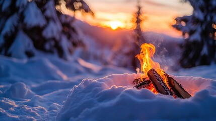 Leinwandbilder -   Hot dog on snow amidst forest at sunset