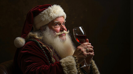 Wall Mural - A man dressed as Santa Claus holding a glass of wine