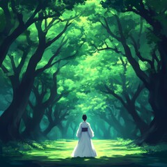 Wall Mural - A serene figure in a white robe stands in a lush, green forest pathway.