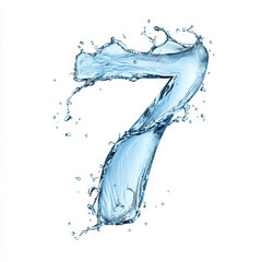 The number 7 elegantly crafted from dynamic water splashes, featuring flowing lines and suspended droplets that capture the essence of fluidity and movement in liquid typography, isolated on a white