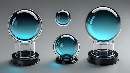 Several circle ball Blue clear glass object 3d shapes on a black base, background