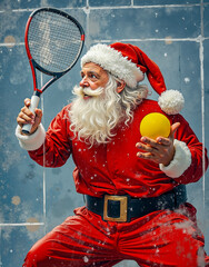 A man dressed as Santa Claus holding a tennis racket and ball