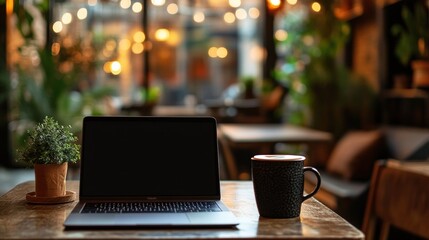 Leinwandbilder - A laptop sits on a table next to a coffee cup, illuminated by warm lights in a café filled with greenery. Generative AI